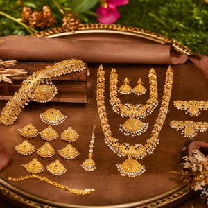 South Indian Bridal Wedding Fine Jewelry Set-24K Gold Plated Designer Necklace and Earring with Ruby and Zircon - Product Image 3