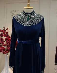 Elegant Blue Velvet Abaya With Rhinestone Collar And Sleeve Detail For Evening Party Wear Women Floor Length Long - Product Image 2
