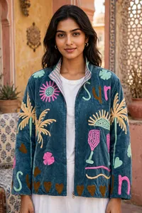 Chaqueta de terciopelo y algodón para mujer, color carbón, con bordado Suzani, hecha a mano, con motivos de palma, sol, corazón y flores, estilo bohemio étnico, abrigo de invierno, venta al por mayor - Product Image 5