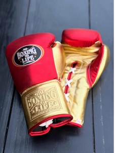 Best Quality No Boxing No Life Red & Gold Real Cowhide <b>Leather</b> MMA Training Boxing Gloves Lace-Up Lightweight Customized Unisex - Product Image 3