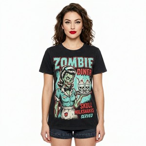 Camiseta Vintage Negra de Bruja de la Cosecha para Mujer, con Gráfico de Calavera y Calabaza, Estilo Urbano con Temática Otoñal, Top con Estampado Personalizado, Proveedor de Ropa - Product Image 3