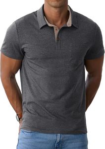 Polo à manches courtes gris foncé pour homme, couleur unie, tricoté, décontracté, avec poche, respirant, coupe classique - Product Image 2