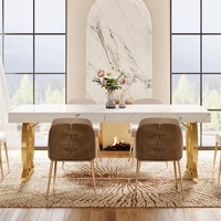 Table à manger moderne de luxe écologique et durable avec plateau en faux marbre, pieds en métal robustes, design rectangulaire blanc et or pour hôtel et école
