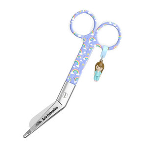 Tijeras de enfermería manuales de acero inoxidable con diseño de pico de pato y arcoíris sobre fondo morado para cortes rápidos de vendajes, uso hospitalario - Product Image 1