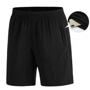 Shorts décontractés pour hommes, noirs unis, taille mi-haute, fermeture élastique, tissu tricoté, longueur courte - Product Image 3