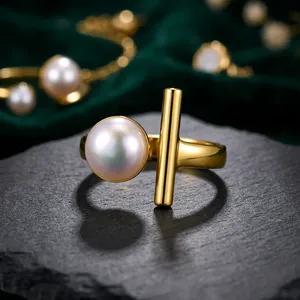 Gold Plated Pearl <b>Ring</b> Geometric Statement Band for Women Party Daily Wear - Product Image 3