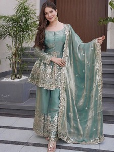 Women Green Embroidered Anarkali Suit With Net Dupatta Stage Performance Wear - Product Image 2