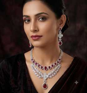 Conjunto de Collar de Lujo Indio al por Mayor con Circonita Cúbica Bañada en Rodio, Joyería de Fantasía Premium, Conjuntos de Gemas de Cristal Rojo Rubí - Product Image 1