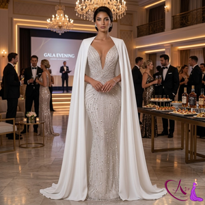 Vestido de Novia Sirena de Lujo con Adornos en Color Marfil |   Vestido de Novia con Cuello en V Profundo y Adornos de Cuentas, con Elegante Cola de Capa, Diseño de Alta Costura - Product Image 3