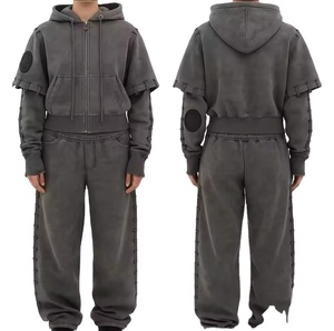 Ensemble de survêtements décontractés vintage en coton léger uni pour homme, avec broderie personnalisée et patchs, deux pièces - Product Image 1