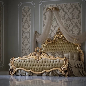 Juego de Cama de Lujo Rococó Premium, Madera de Caoba Maciza Tallada en Oro, Tapizado en Terciopelo Verde Oliva Clásico, Cama King Size - Product Image 1