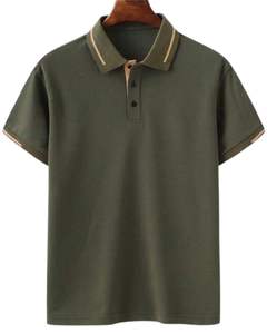 Camiseta Polo Sólida para Hombre, Manga Corta, Algodón, Casual, para Golf, Verde Oliva con Detalle de Cuello Beige, Ropa de Verano, Top Masculino Cómodo - Product Image 1
