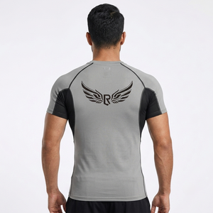 Rash Guard Men Short Sleeve Gray <b>Black</b> <b>Wing</b> Logo Quick Dry Spandex Polyester Compression Shirt for MMA BJJ Workout - Product Image 3