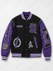 Veste bomber varsity noire en laine pour homme, manches en cuir violet, broderies, patchs, streetwear, veste de baseball - Product Image 3
