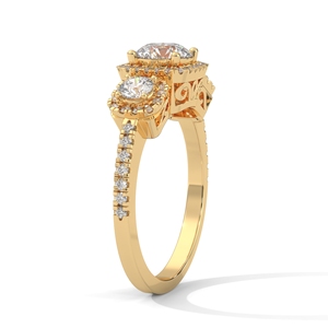 Anillo de Diamantes de Tres Piedras con Halo, 1.38 Quilates, Color G, Claridad VS1, en Oro Amarillo - Product Image 2