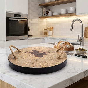 Tamarind Wood Chopping Block Round Tree Slice <b>Butcher</b> Block Rope Handles Heavy Duty Cutting Board Serving Platter Pure Art Setup - Product Image 6