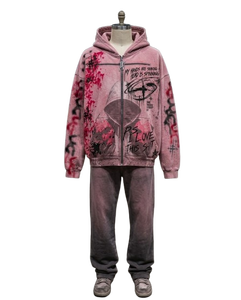 <b>Pink</b> Graffiti Print Windproof Nylon 2 1 Design Hooded <b>Tracksuit</b> Full Sleeve Drawstring Closure Streetwear Set Adult Unisex - Product Image 1