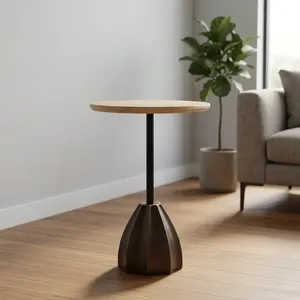 Table basse ronde moderne avec plateau en marbre et base en bois, design minimaliste, fabrication artisanale, meubles de salon - Product Image 5