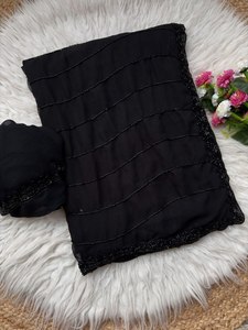 Sari Negro Georgette con Bordado Original de Cuentas Negras, Borde Calado, Blusa de Diseñador, Ideal para Fiestas y Bodas - Product Image 4