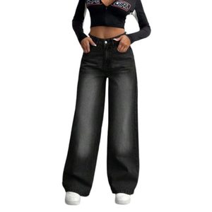 Jean droit taille haute en denim noir délavé vintage pour femme, 100 % coton écologique et respirant, style urbain tendance - Product Image 1