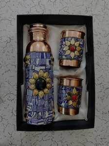 Attractive Pure Copper <b>Water</b> <b>Bottle</b> Handcrafted Mosaic Stone Work Leak Proof Design Anti-corrosion Coating Dishwasher Safe - Product Image 3