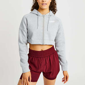 Haut court à capuche oversize uni pour femme avec broderie personnalisée et impression en relief French Terry, pour le yoga et la gym, vêtements de sport pour femme - Product Image 5