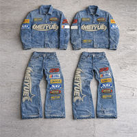 Ensemble de survêtement streetwear en jean délavé avec logo brodé personnalisé unisexe, veste d'hiver et pantalon en denim 100 % coton