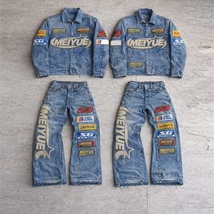 Custom Applique Embroidery Logo Unisex Embroidery Patch Acid Wash Winter <b>Jacket</b> <b>Denim</b> Jeans Set Streetwear 100% Cotton Tracksuit - Product Image 1