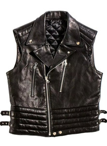 Chaleco de Cuero Genuino Negro para Hombre, Cuello Alto, Bolsillos con Cremallera, Estilo Motero, Prenda Exterior - Product Image 6