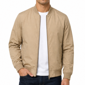 Blouson Bomber Premium Homme Kaki Beige Uni avec Bordure Côtelée, Fermeture Éclair Intégrale, Décontracté, Léger, Coupe Ajustée - Product Image 1