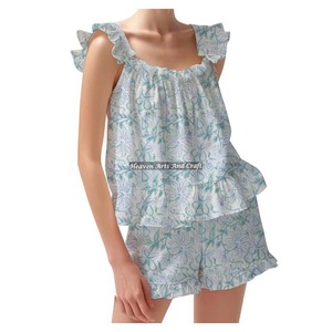 Fabric Women's Cotton Block Print Shorts Pajamas Loungewear Spring/Summer Floral Fitted Strappy Ruffle <b>Trim</b> Sleeves PJ Set - Product Image 5