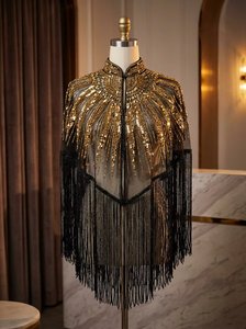 Cape de soirée de luxe dorée à sequins et franges, ornée de perles et de pompons, pour mariée, mariage, robe de soirée, prix direct usine - Product Image 2