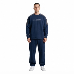 Men Navy Crewneck Sweatshirt <b>Jogger</b> Pants <b>Set</b> Contrast Shoulder Panels Casual Streetwear <b>Matching</b> Clothes - Product Image 1