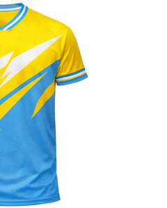 T-shirt de sport personnalisé pour homme, jaune et bleu ciel, à manches courtes, col en V, respirant, séchage rapide, pour entraînement athlétique, gym, course à pied - Product Image 4