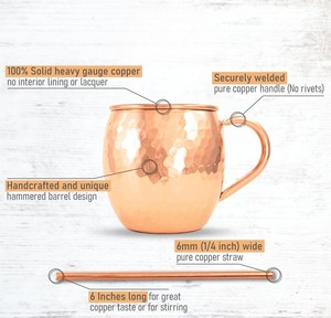Ensemble de 4 tasses Moscow Mule en cuivre martelé massif de 16 oz avec pailles, faites à la main, non doublées, coffret cadeau 100% cuivre - Product Image 4