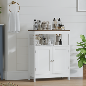 Mobile bagno moderno stile rustico con piano in legno naturale, ante doppie e ripiano regolabile - Product Image 3