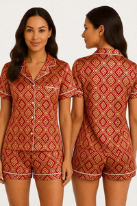 Ensemble pyjama à manches courtes pour femmes, imprimé géométrique vert, avec col rabattu, fermeture à boutons, vêtements de nuit d'été - Product Image 2