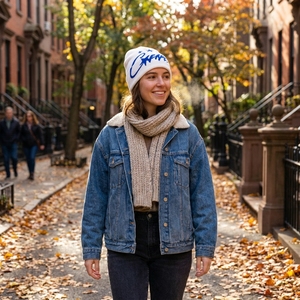 White Blue Star Graphic Knit Beanie Hat Custom Logo Ribbed <b>Winter</b> <b>Cap</b> Unisex Streetwear Fashion Headwear Wholesale OEM - Product Image 3