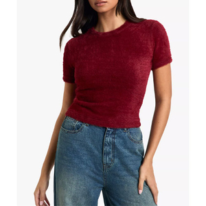 OEM Supplier Custom Wholesale Women's Solid Color Crew Neck Short Sleeve Knitted <b>Crop</b> <b>Top</b> Slim Fit 100% Acrylic Casual T-Shirt - Product Image 3