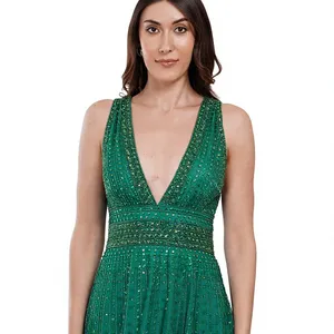 Vestido de cóctel con lentejuelas verde esmeralda, corte en A, cuello en V profundo, sin mangas, por encima de la rodilla - Product Image 6
