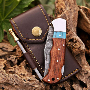 Personalized Copper Damascus Hunting Knife Wood Handle Drop Point Blade Straight Edge Folding Knife With Leather Sheath - Product Image 5
