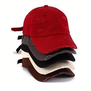 Casquette de baseball unisexe blanche 6 panneaux en toile réglable avec broderie 3D en coton, style streetwear déchiré et vieilli, chapeau décontracté - Product Image 1