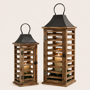 Ensemble de 2 lanternes en bois de style farmhouse moderne, lanternes rustiques en bois de sapin vieilli, porte-bougies décoratifs avec dessus en métal - Product Image 6