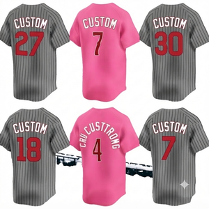Custom Pink <b>Baseball</b> Jersey Stitched Team Uniform Personalized Athletic Wear Grey Pinstripe Unisex V-neck 100% Cotton - Product Image 1