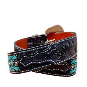 New Handmade Beaded Hand Carved Western Leather <b>Tooling</b> <b>Belts</b> with Alloy Buckle All Sizes Western Bohemian Vintage Fashion <b>belts</b> - Product Image 3