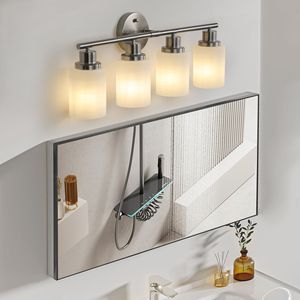 24\" Modern 4-<b>Light</b> Vanity Wall <b>Sconce</b> Brushed Nickel Finish Frosted Glass Shades for Bathroom Hallway Lighting No Bulb Required - Product Image 5