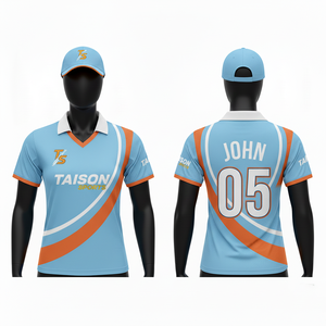 Camiseta de Cricket para Mujer, 180 GSM, Poliéster Premium Transpirable, Malla Azul Cielo y Naranja, Panel Diagonal, Sublimación, Logotipo Personalizado - Product Image 1
