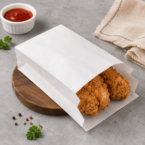 Sac en papier blanc anti-graisse standard, plat, avec fermeture autocollante, jetable, biodégradable, écologique, poignées découpées, pour usage alimentaire - Product Image 6