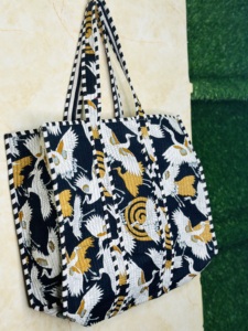 Crane Print Handmade Tote <b>Bag</b> | Quilted Cotton Shoulder Tote <b>Bag</b> In Black, White & Mustard |Large Everyday Travel & Shopping <b>Bag</b> - Product Image 2