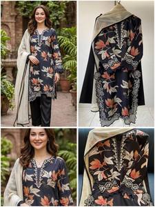 Présentation de la nouvelle tenue pakistanaise de créateur pour la saison estivale, avec haut brodé, pantalon palazzo et dupatta. - Product Image 3